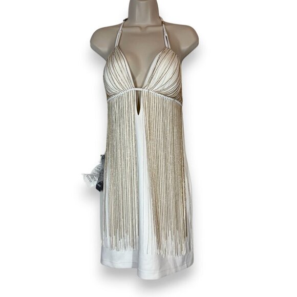 Bebe Dress White gold Fringe Party Cocktail Mini Girls Night Out - Picture 1 of 15